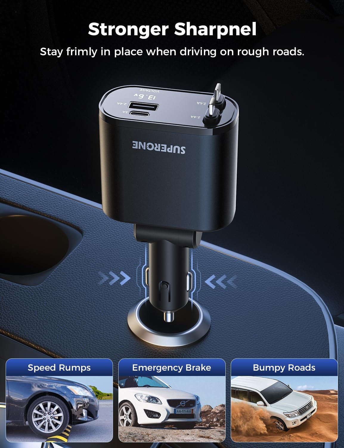 SUPERONE 4-in-1 Car Charger with Retractable Apple Cords, USB C Charger Car Adapter Compatible with iPhone 15/14/13/12/11 Pro Max Samsung Android Phones