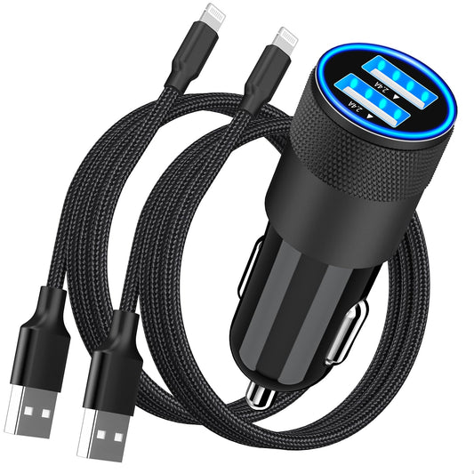 【Certifié MFi】Chargeur de voiture rapide pour iPhone, Rombica 4,8 A double USB Smart Power Chargeur de voiture USB pour allume-cigare + 2 câbles tressés Lightning vers USB pour iPhone 14 13 12 11 Pro/XS Max/Mini/XR/SE/X/8/iPad