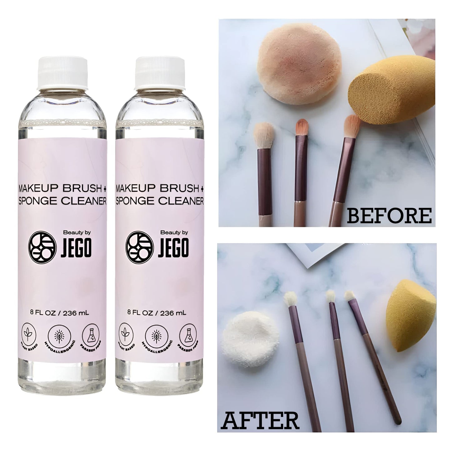 JEGO Makeup Brush Cleaner Solution - Sponge Cleaner - Make Up Brush Liquid Cleanser - Hypoallergenic & Plant-Based Solution Removes Makeup, Dirt, & Oil - 8 Oz