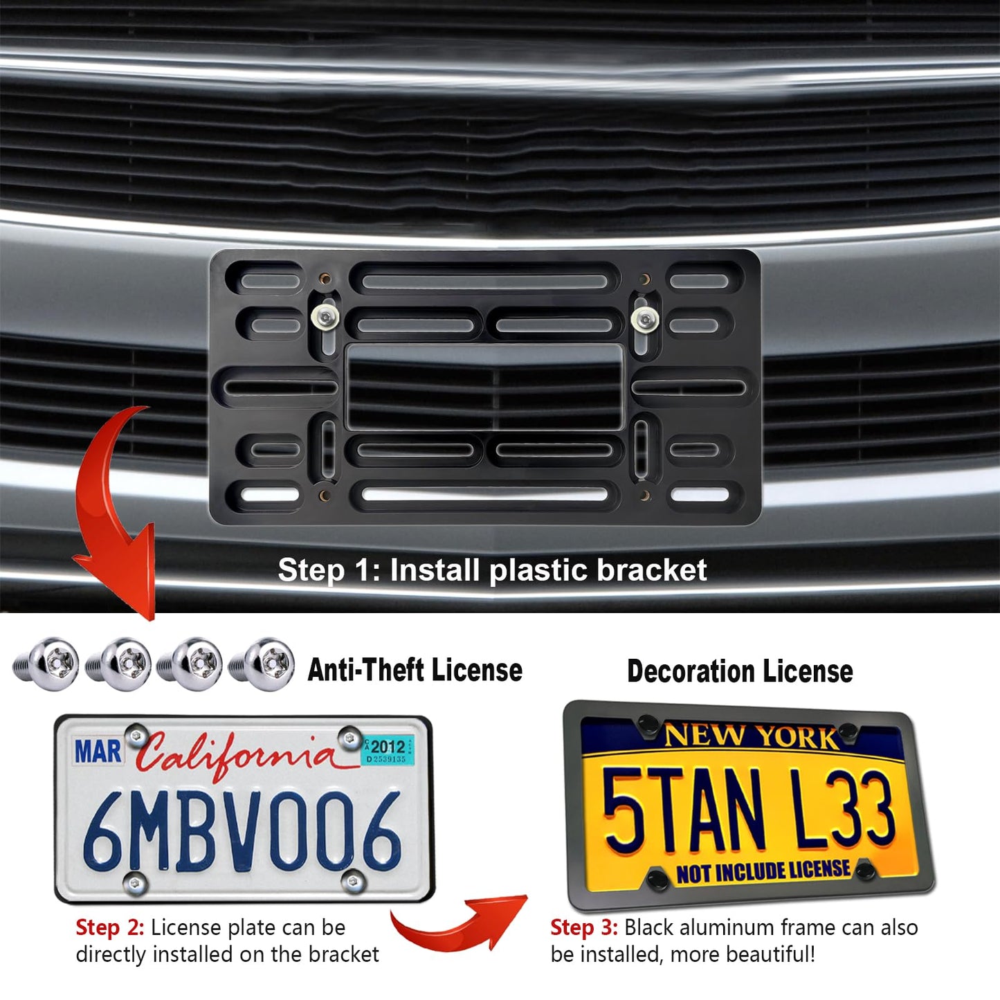 Aootf Front License Plate Bracket- Universal Bumper Mounting Kit, Car Tag Holder Adapter & Black Aluminum Plate Cover, Anti-Theft Lock Screw Bolt Caps, For US Vehicle Trailer Truck