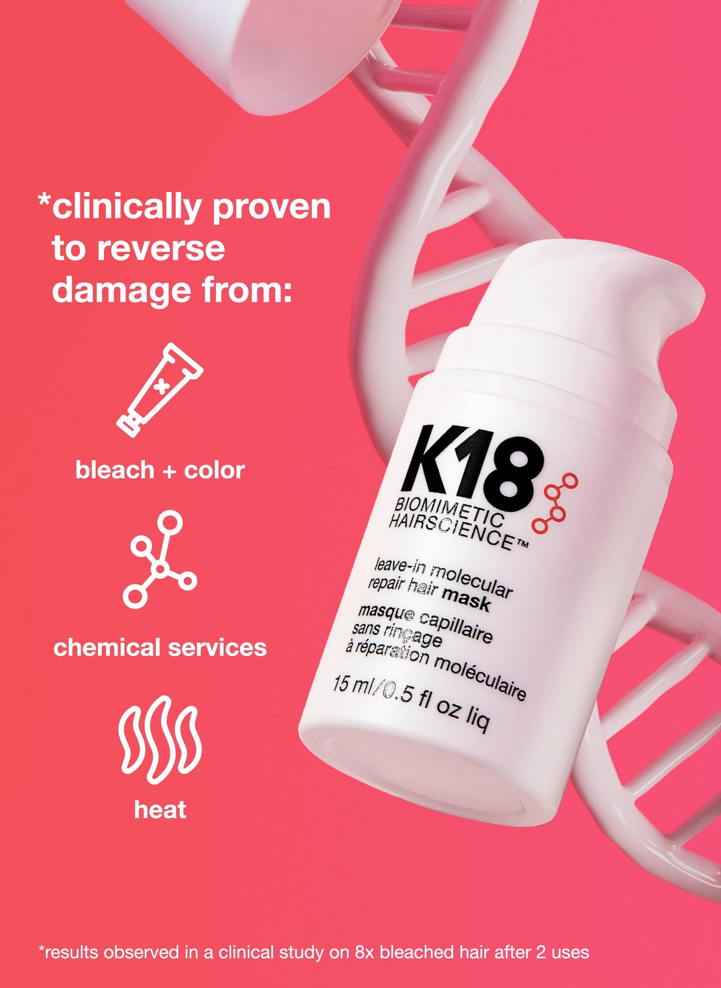 K18 Mini Leave-In Molecular Hair Mask, Repairs Dry or Damaged Hair, Reverse Hair Damage from Bleach, Color, Chemical Services & Heat