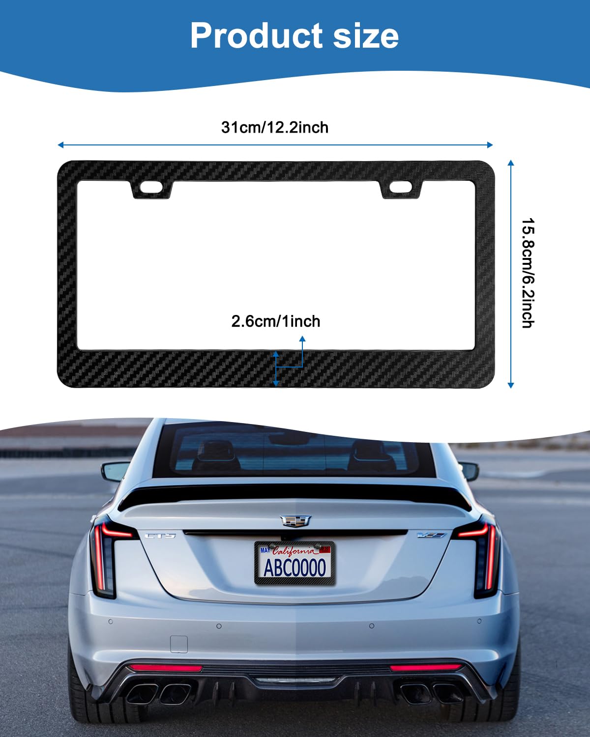 Cadres de plaque d'immatriculation en fibre de carbone FBJTDQ - Support de plaque d'immatriculation de voiture en plastique noir, motif carbone imprimé avec capuchons à vis, autocollants de guidon, avant et arrière, lot de 2