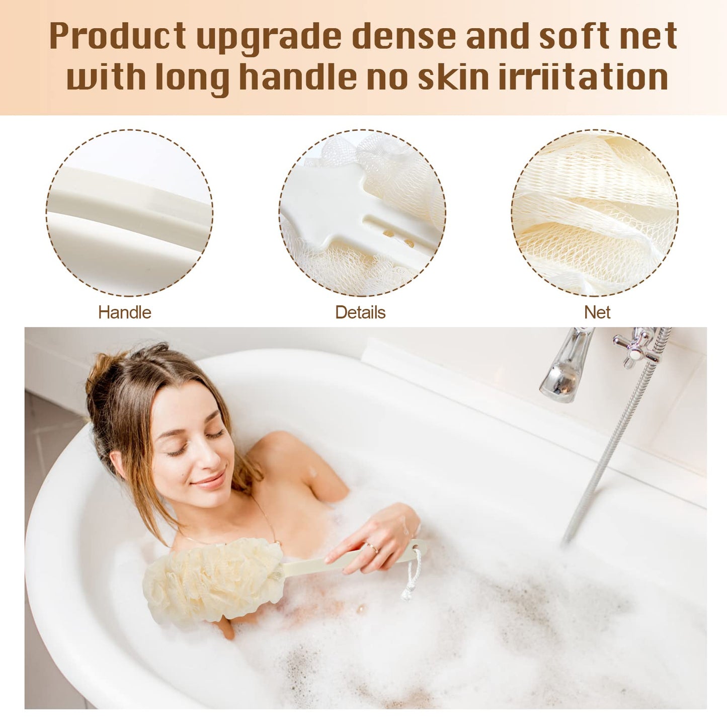 Lot de 2 brosses à dos pour douche, brosse de douche en éponge luffa PIPUHA exfoliante pour le corps avec long manche, luffa sur un bâton pour hommes et femmes, accessoires de bain pour brosses pour le corps (bleu et blanc)