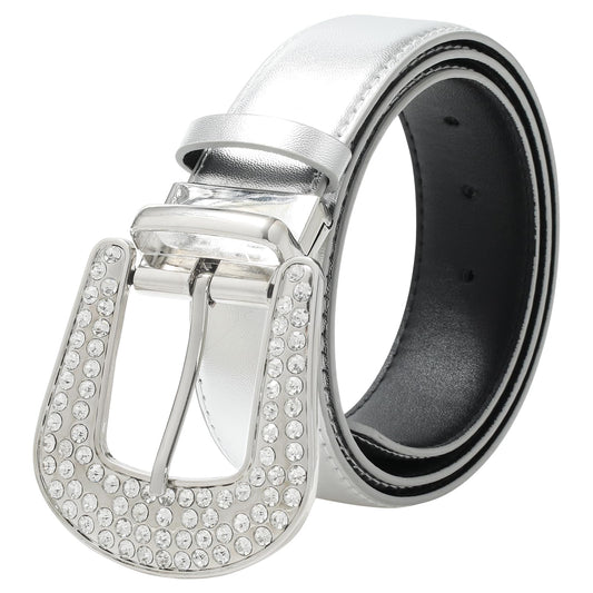 Ceinture réversible à strass AWAYTR pour femme - Ceinture à paillettes en cuir style cowgirl vintage western pour jeans et robes (argent/noir, 100 cm)