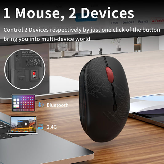 FMOUSE Bluetooth Mouse, 2.4 GHz Wireless Mice with USB Receiver for Laptop, iPad, Mac, AA Battery Silent Smooth Tracking Black Mouse Ideal for Business Office and Study (Black Geometry)