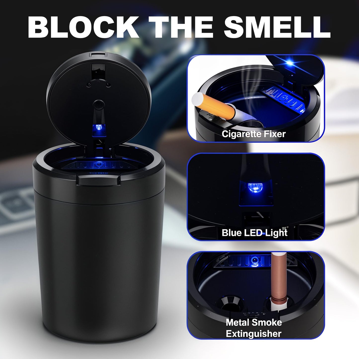 Car Ashtray with Lid and Light Smell Proof for Cup Holder Easy Clean Up Detachable Auto LED Ashtray