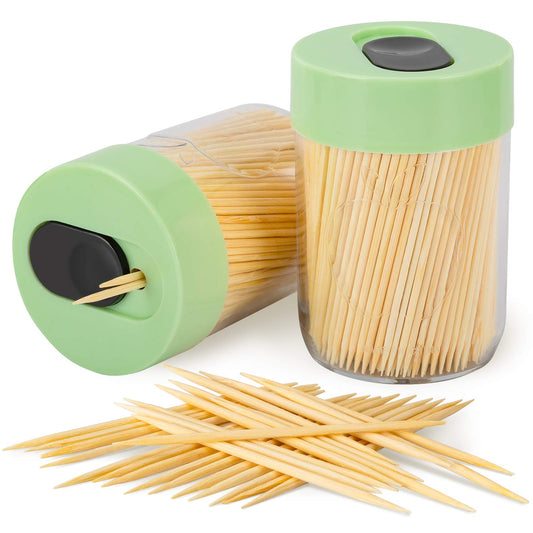 Urbanstrive Sturdy Safe Toothpick Holder with 800 Natural Wood Toothpicks for Teeth Cleaning, Unique Home Design Decoration, Unusual Gift, 2 Pack, Green