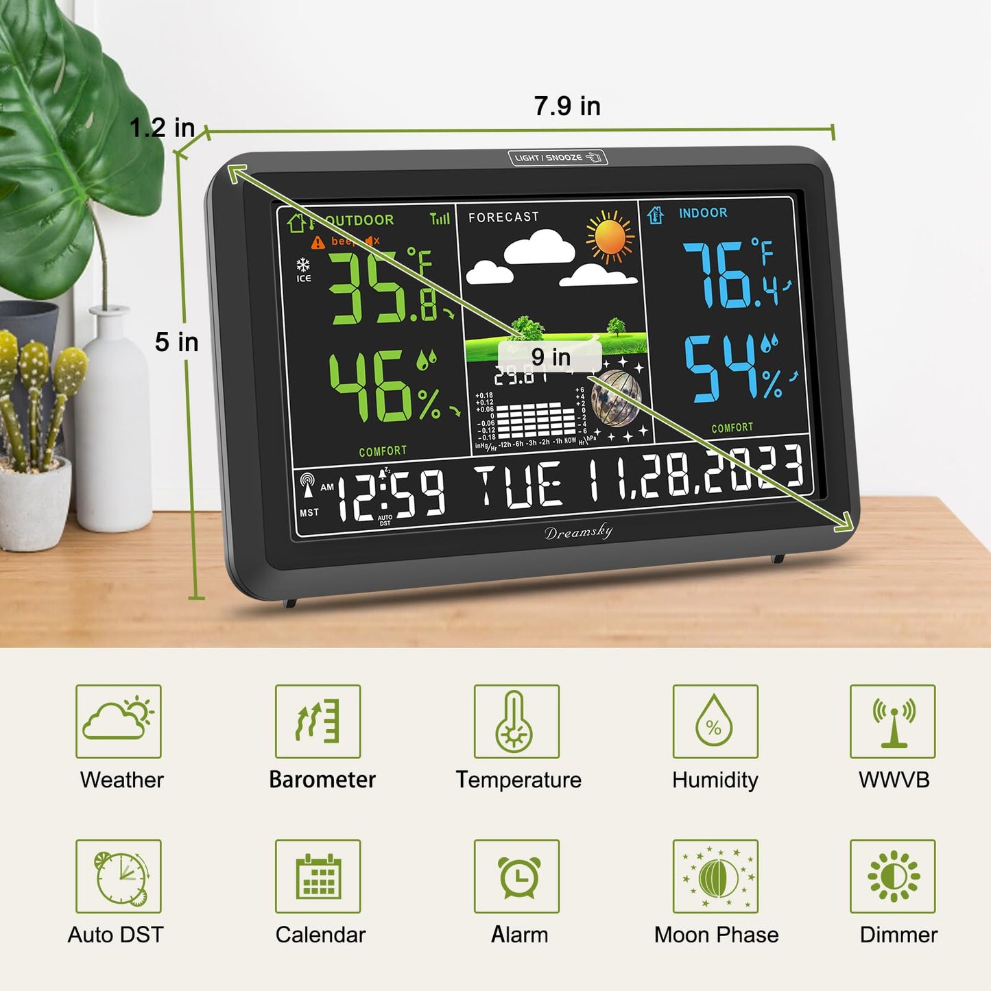 Station météo DreamSky Thermomètre intérieur extérieur sans fil avec horloge atomique numérique pour la maison, grand écran avec rétroéclairage réglable, port USB, moniteur d'humidité de la température intérieure et extérieure