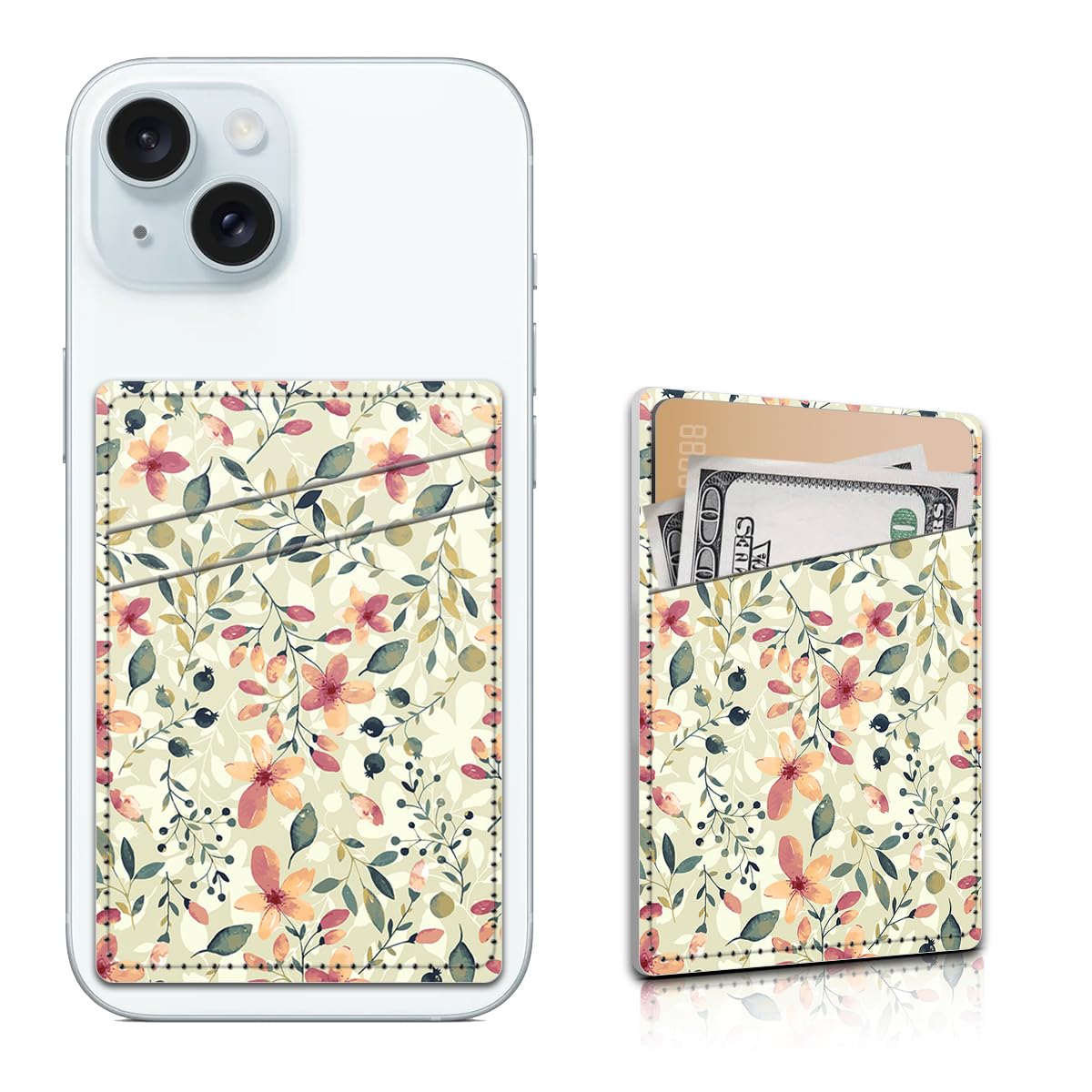 AFPRNK Card Holder for Phone Case, Phone Card Holder Leather, Dual Pocket Phone Wallet Stick On for iPhone, Android Cell Phone - Boho Flower