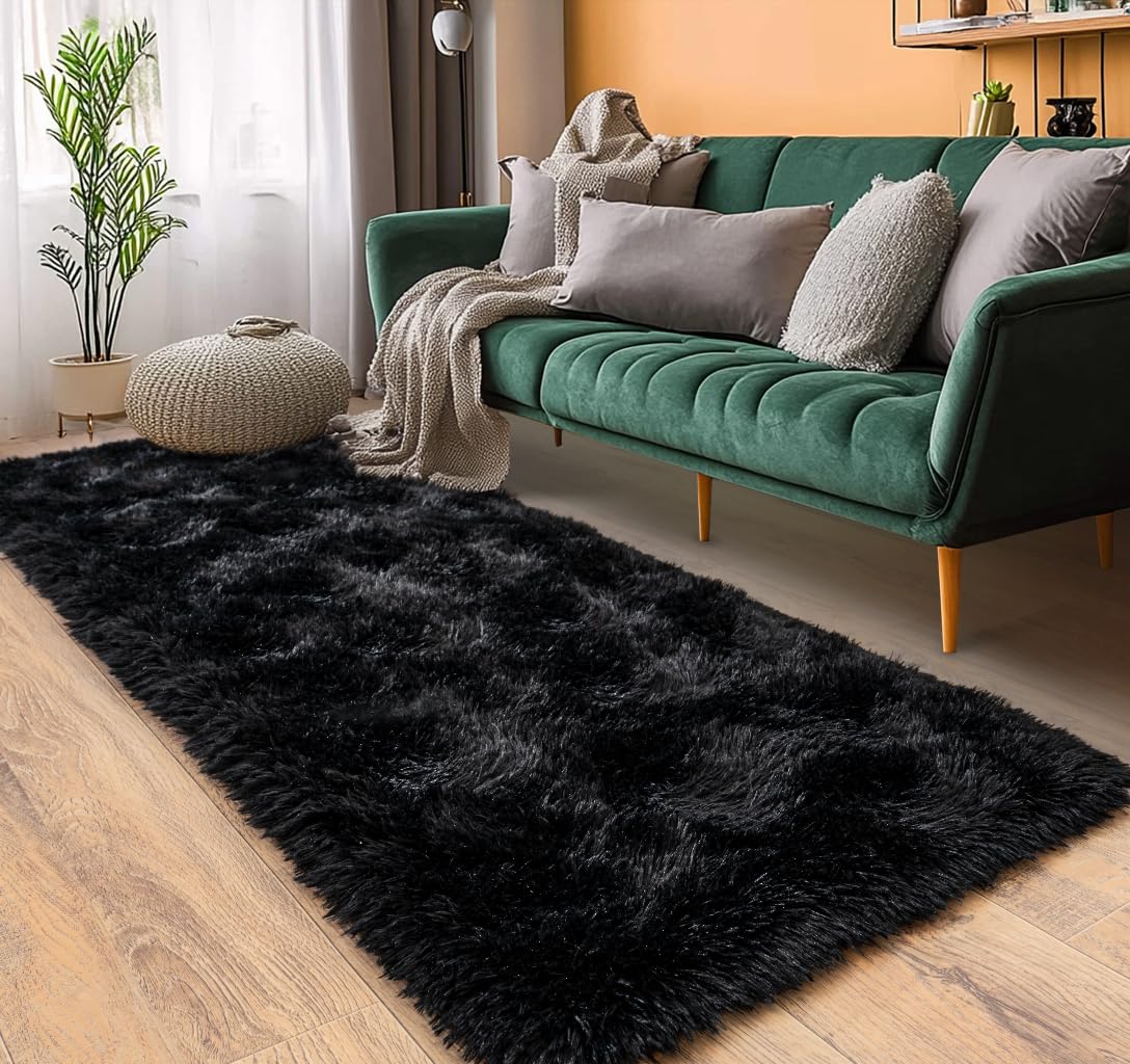 Alfombras de pasillo mullidas para dormitorio de 2 x 6, alfombra peluda moderna para pasillo, sala de estar, alfombra de felpa suave y difusa para la cabecera de la cama para la decoración de la habitación de los niños y niñas, color negro