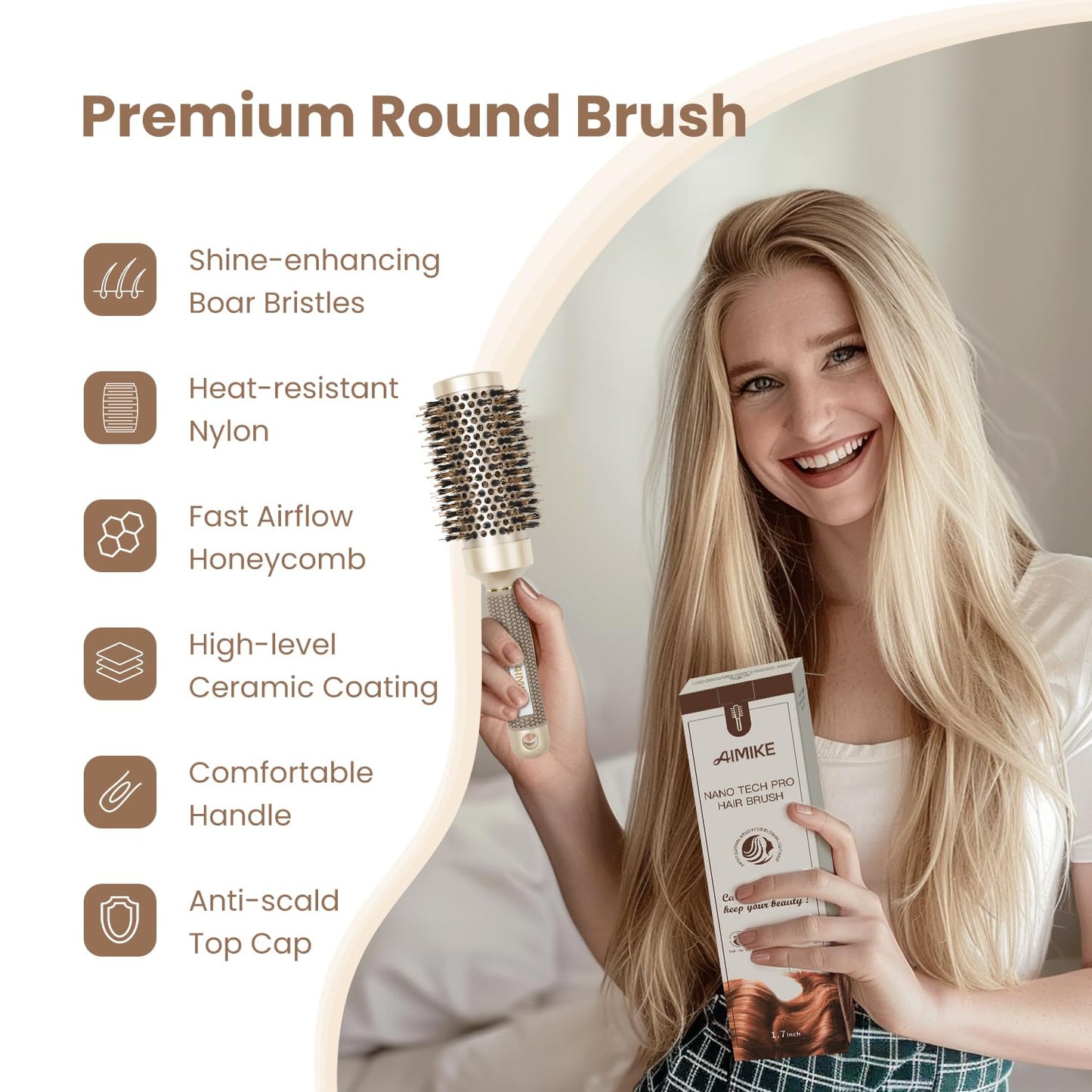 AIMIKE Round Brush, Nano Thermal Ceramic & Ionic Tech Hair Brush, Round Barrel Brush with Boar Bristles for Blow Drying, Styling, Curling, Add Volume & Shine (2.9 inch, Barrel 1.7 inch) + 4 Clips