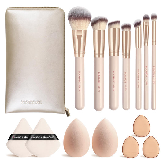 MAANGE Makeup Brush Set 15 Pcs Makeup Tool Set Premium Synthetic Foundation Powder Concealers Eye shadows Blush Brush Set with Makeup Brushes Bag (Beige)