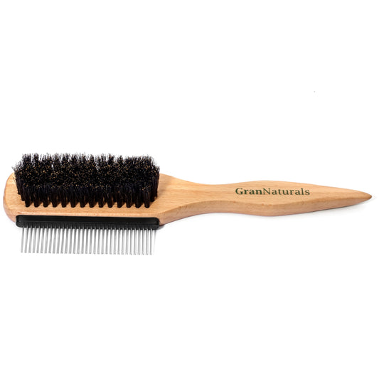 GranNaturals Boar Bristle Slick Back Hair Brush w/Comb for Smoothing Sleek Ponytail Bun - Wide Rat Tail & Metal Comb Hairbrush for Parting, Teasing, Backcombing, Sectioning, Edge Control, Flyaways