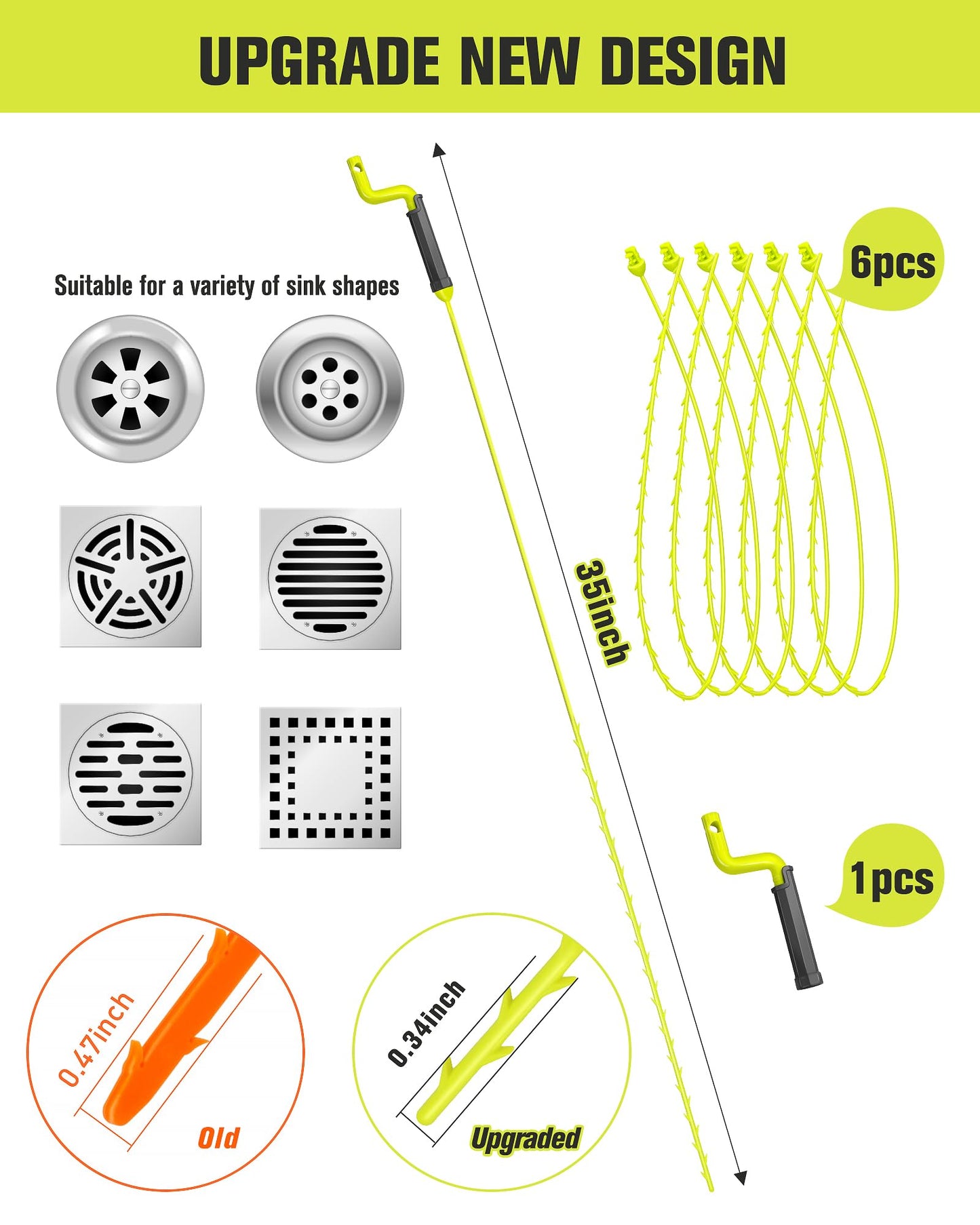 35Inch Drain Clog Remover Tool, Drain Snake Hair Remover with Rotating Handle, Hair Catcher Drain Auger Cleaner Tool & Plumbing Snake, Hair Cleaning Tool Can Use On Most Drains, Sink Snake(6PCS)