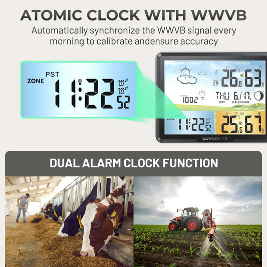 Station météo sans fil avec thermomètre intérieur et extérieur, thermomètre numérique à écran couleur, moniteur d'humidité avec horloge atomique, station de prévision avec calendrier et rétroéclairage réglable pour la maison