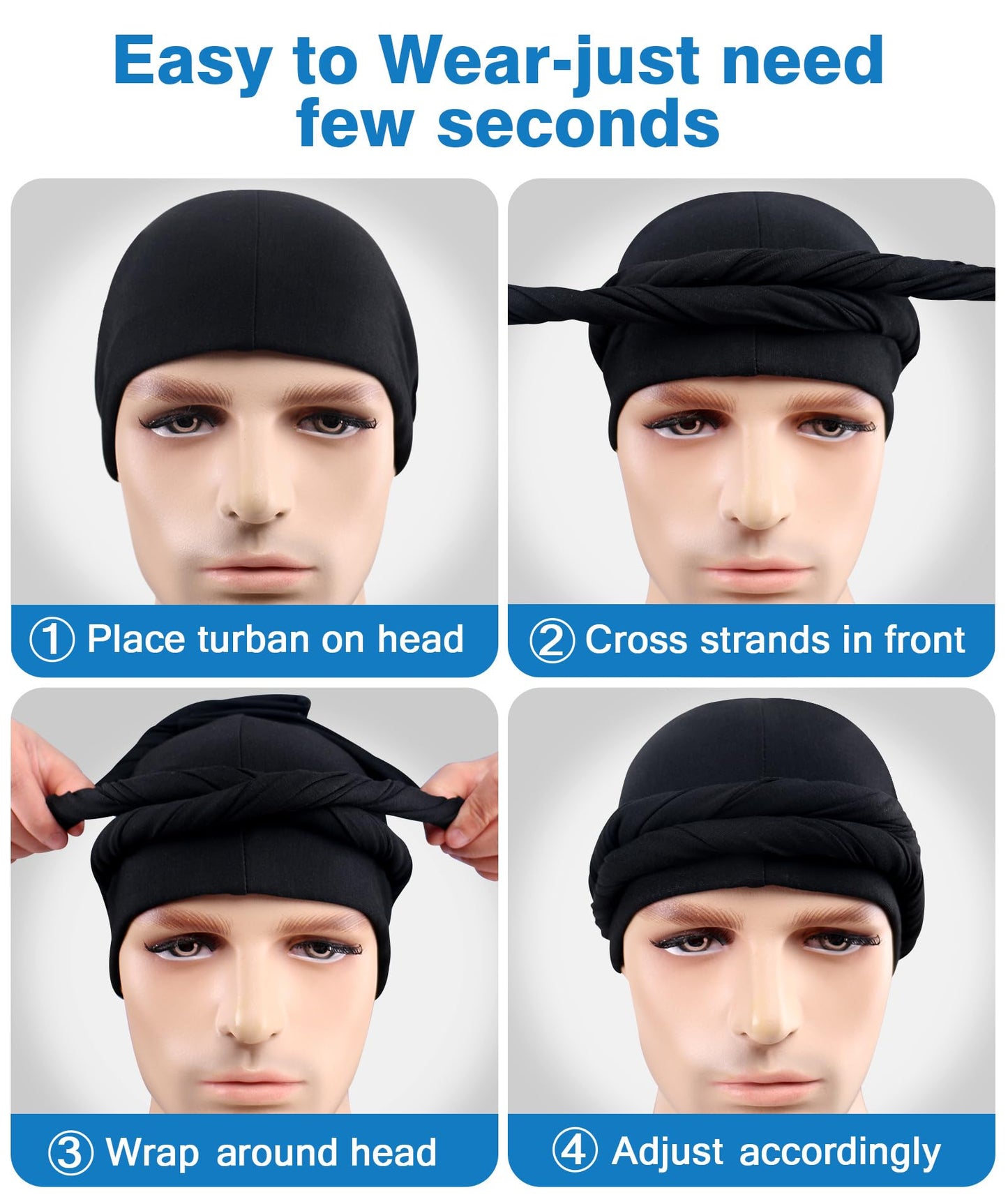 Adjustable Satin Lined Halo Turban Durag for Men &Women, Sleeping Bonnet, Beanie Hats, PRE-Tied Headwraps for Hair Loss Black