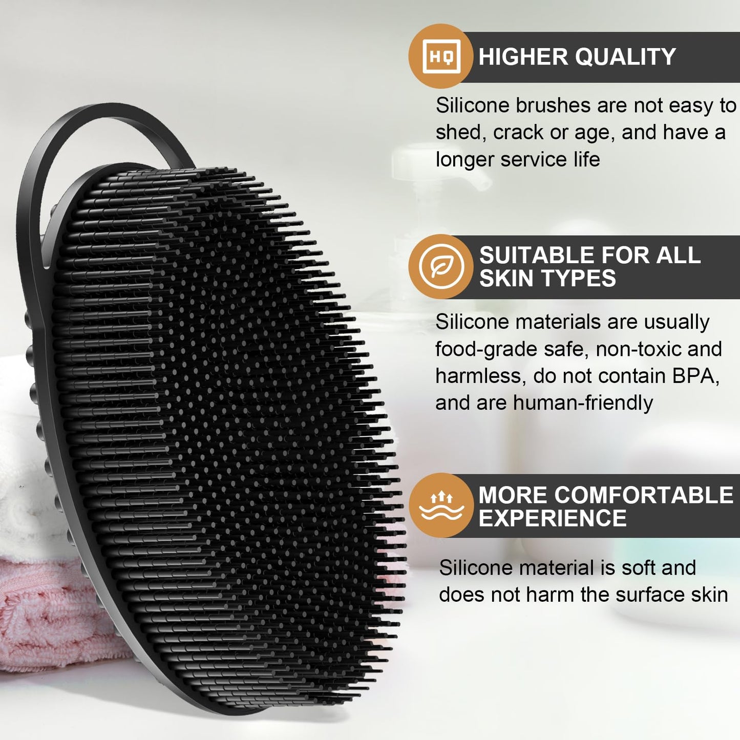 Metene Silicone Exfoliating Body Scrubber with Loop, Body Scrubber for Men and Women, Silicone Loofah for Shower, Soft Silicone Body Scrubber for Shower and Bath Skincare Routine (Black)