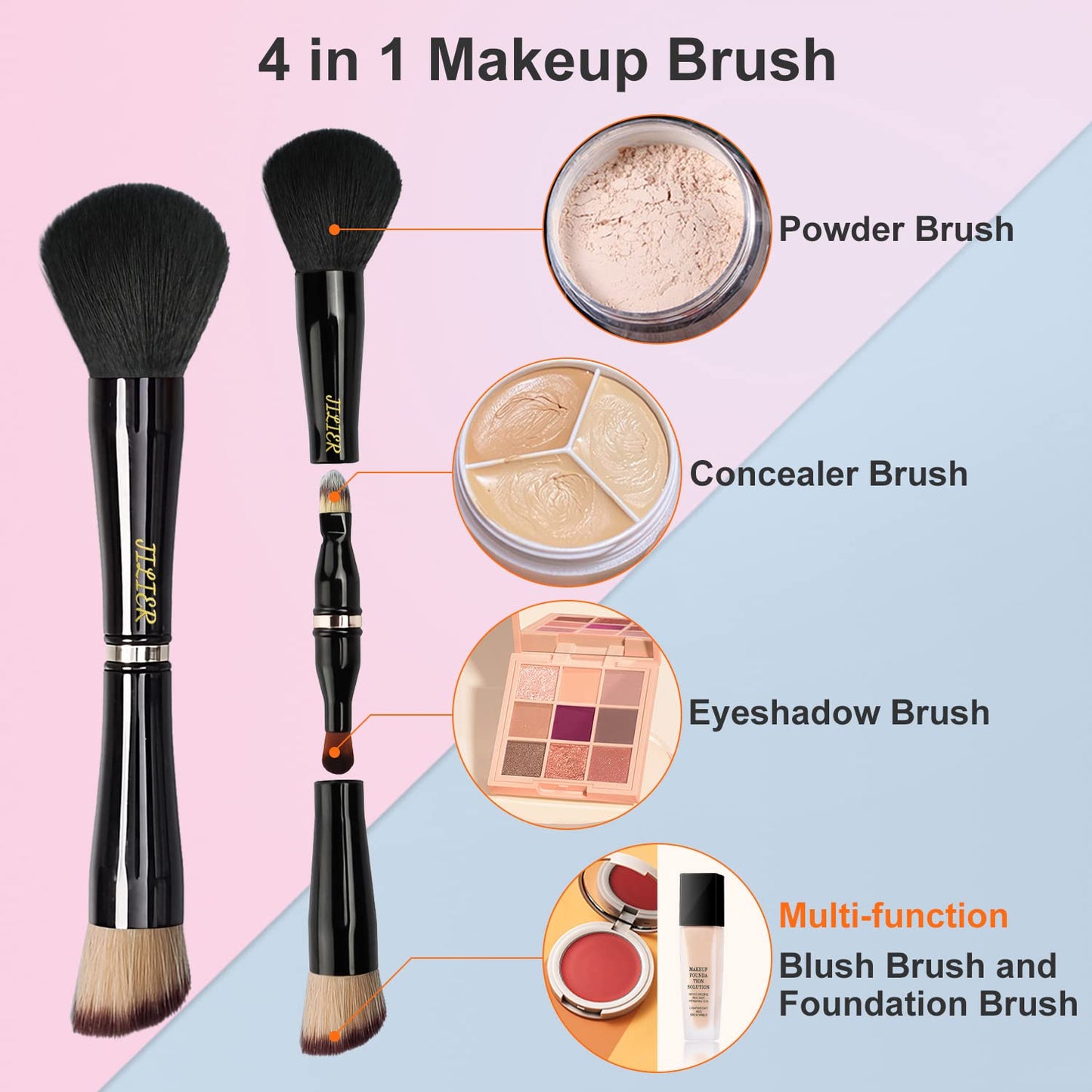 Jilier Travel Makeup Brushes with Case, 4 in 1 Makeup Brush Set, Powder Brush, Foundation/Blush Brush, Eyeshadow Brush, Concealer Brush, Double Ended Makeup Brush Ideal for Liquid, Cream, Powder