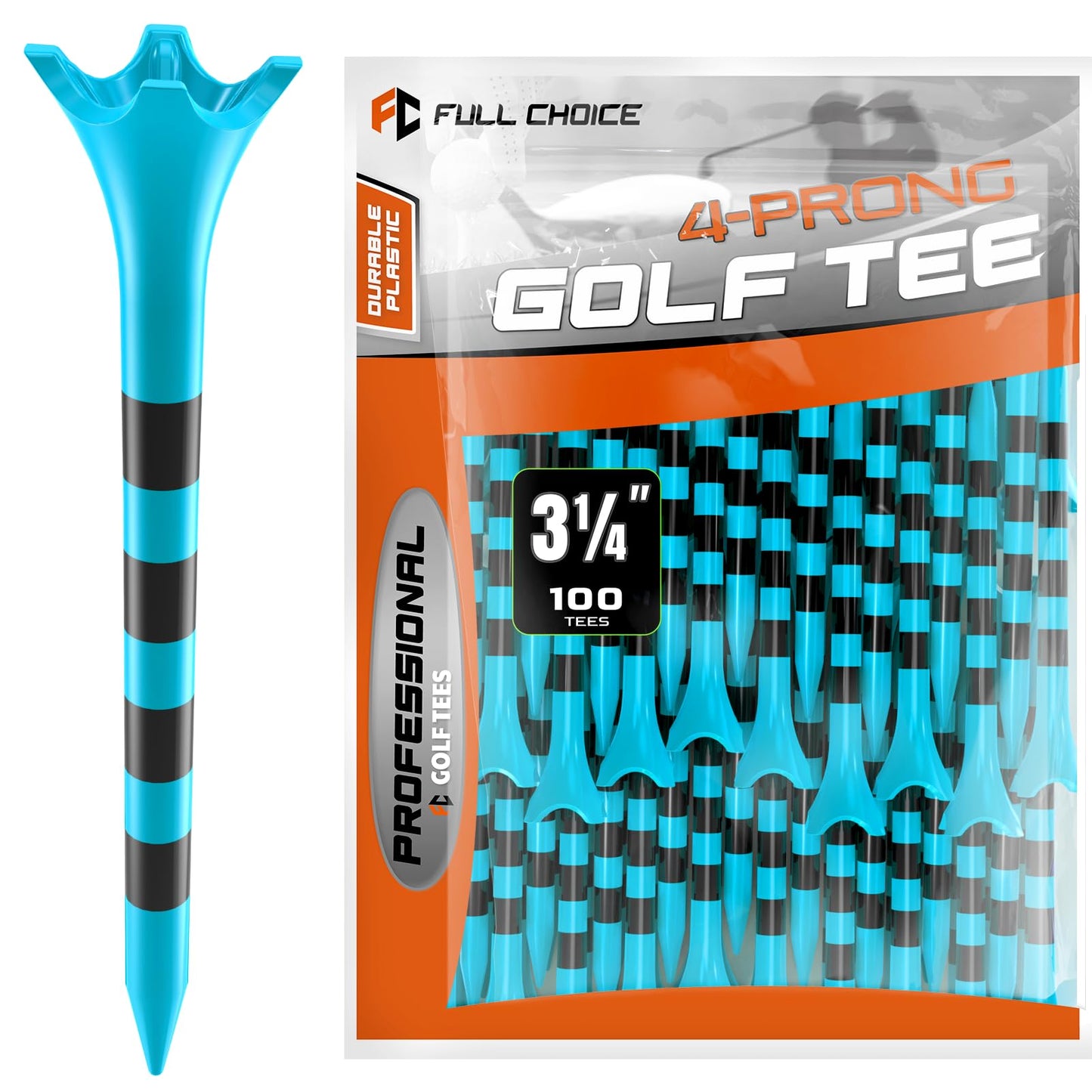 Full Choice100 Pack 3-1/4" Plastic Golf Tees, Enhanced Durability & Stability, Engineered to Minimize Friction and Side Spin（Blue）