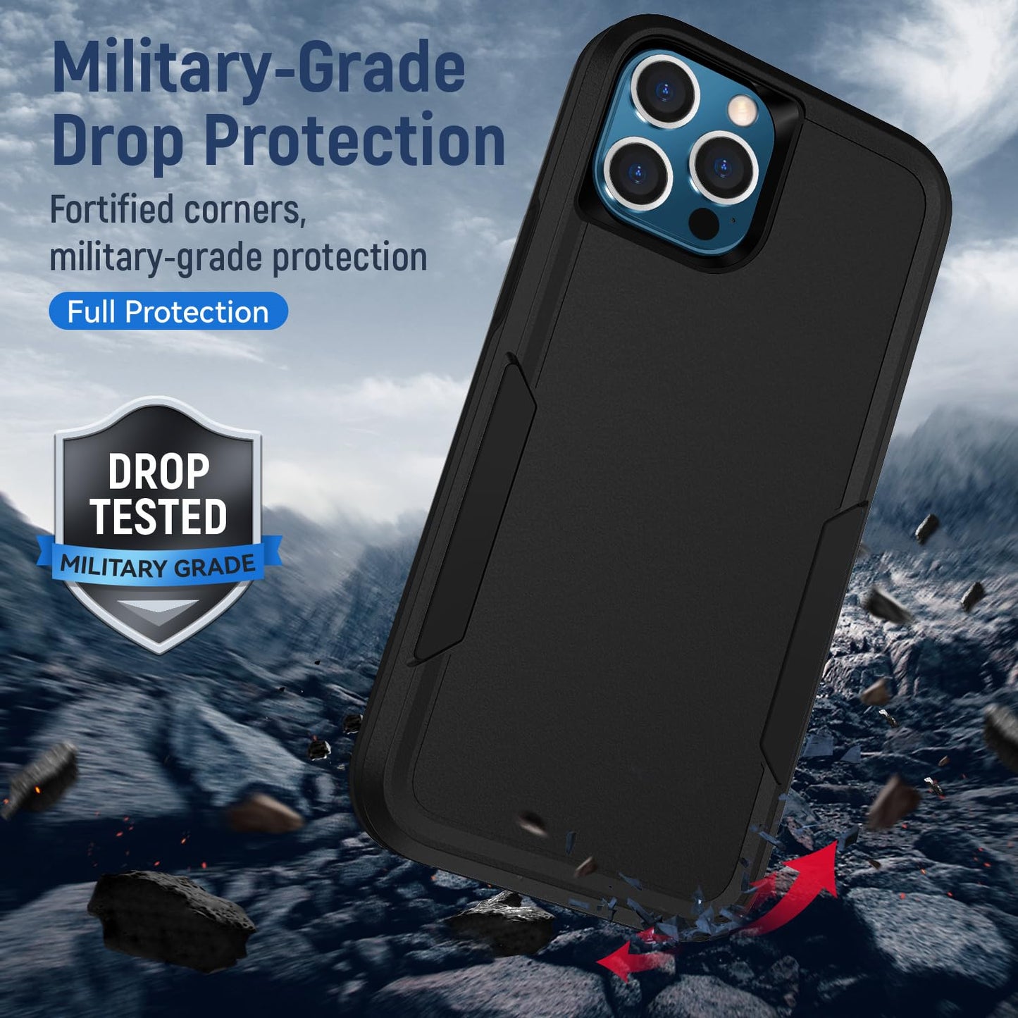 Funda para iPhone 12, funda para iPhone 12 Pro con protector de pantalla HD [prueba de caídas de grado militar] Funda protectora resistente y resistente a los golpes para iPhone 12 Pro, color negro