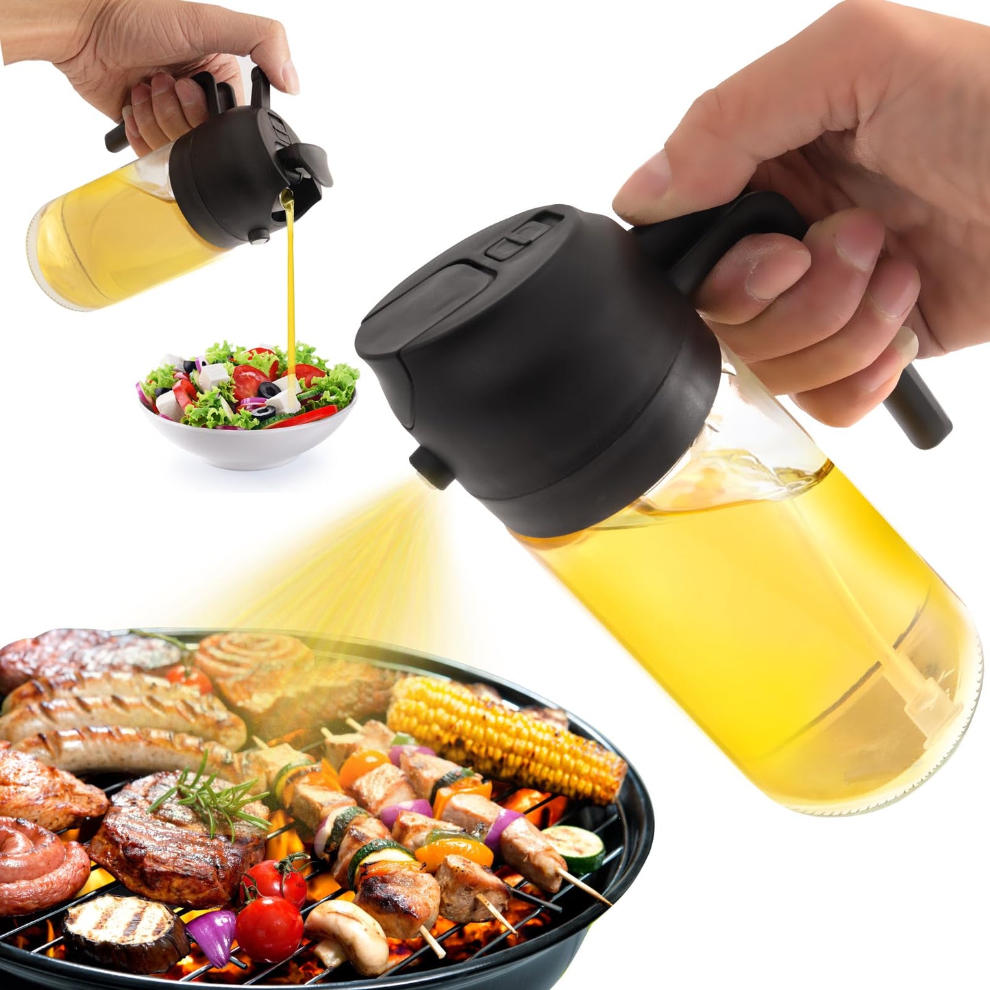 Pulverizador y dispensador de aceite de vidrio 2 en 1 mqnxoi, pulverizador de aceite de oliva de vidrio de 470 ml, pulverizador de aceite de cocina, ensalada, pulverizador de aceite de 16 oz para botella de aceite - Aparatos de cocina