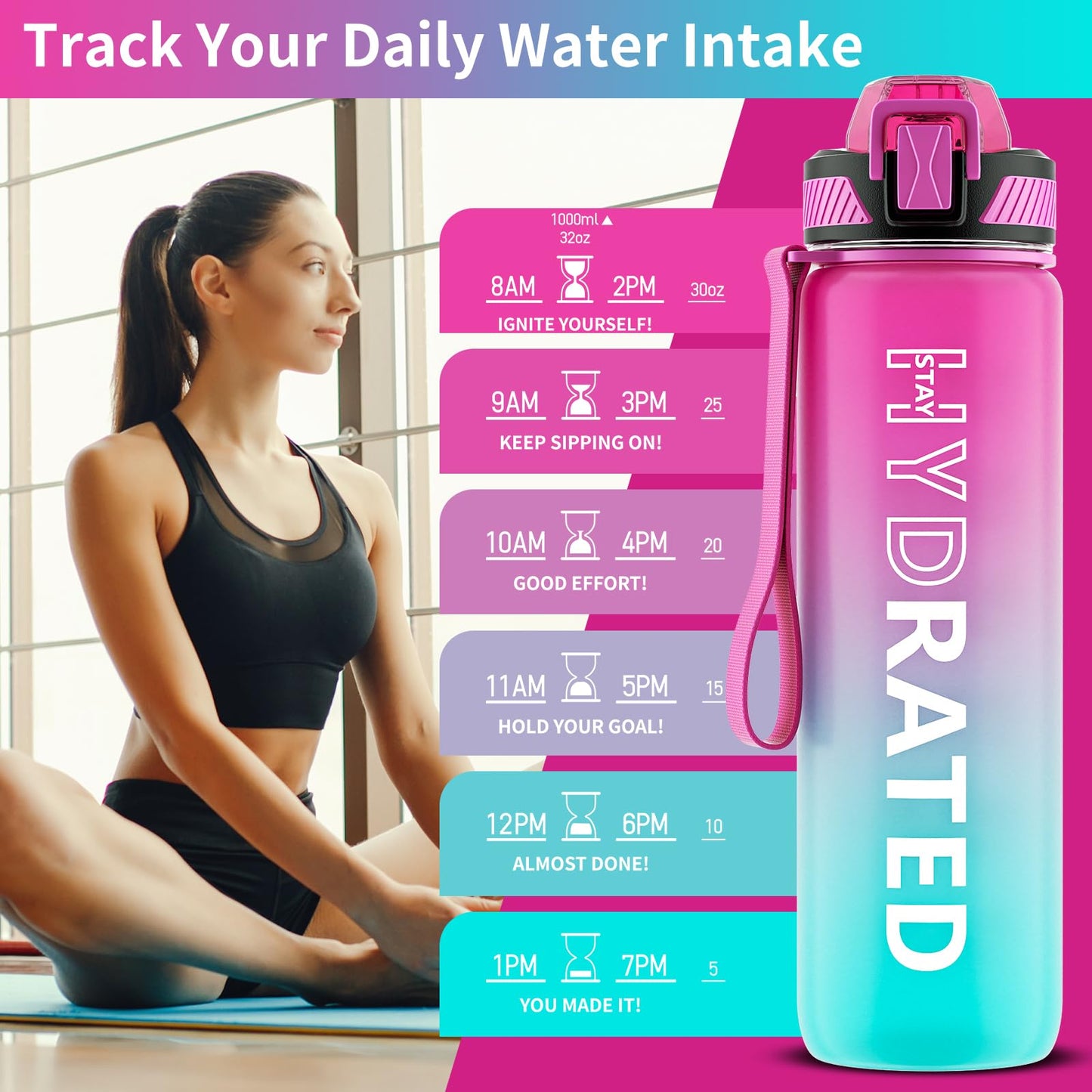 QLUR Water Bottle with Straw, 32oz Motivational Water Bottles with Time Marker to Drink, Tritan BPA Free, 1L Sports Water Bottle with Carry Strap LeakProof for Women Gym Fitness Outdoor (1 Pack)