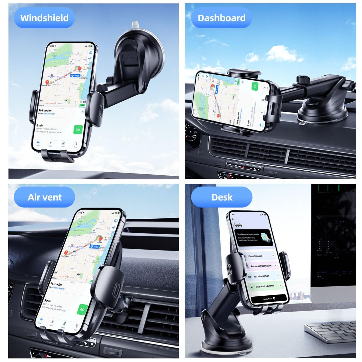 7d24hcare Car Phone Holder Phone Holders for Your Car Windshield Dashboard Air Vent Universal Hands Free Car Mount Phone Holder with Suction Cup Base and Telescopic Arm for Smartphone