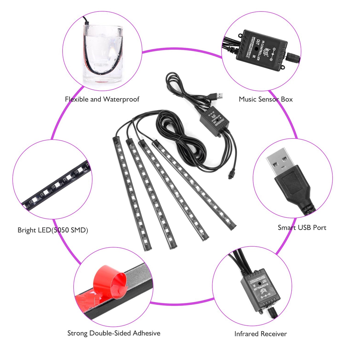 Bande lumineuse LED de Noël pour voiture, 4 pièces, 48 ​​lumières intérieures à LED, bande lumineuse musicale multicolore pour voiture, kit d'éclairage sous le tableau de bord avec fonction sonore active et télécommande, DC 5 V