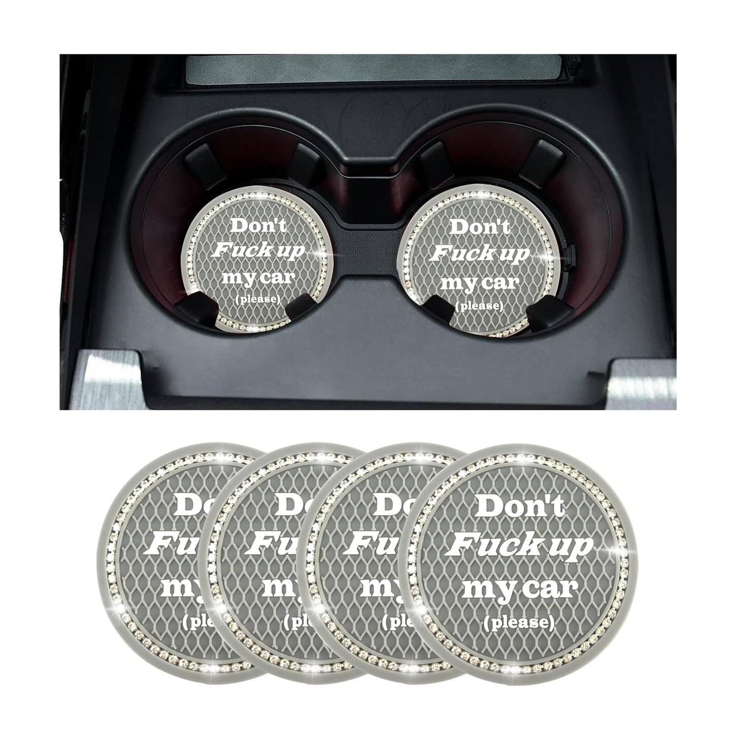 Kewucn 4 Pack Bling Car Cup Holder Coasters, 2.75 inch Crystal Rhinestone Soft Rubber Auto Cup Insert Pad, Non-Slip Universal Vehicle Interior Accessories | Start Stop Button Cover (Gray, 4 PCS)