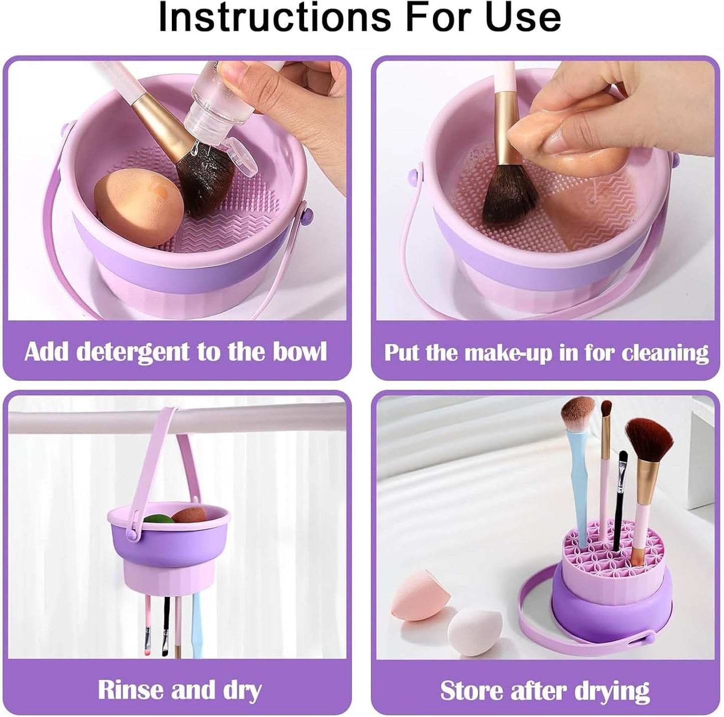 3 in 1 Makeup Brush Cleaning, Timistars Makeup Brush Cleaner, Brush Cleaner Makeup, Silicone Makeup Brush Holder, Mat Brush Cleaner Mat Foldable Makeup Brush Cleaning Bowl With Lanyard (Purple)