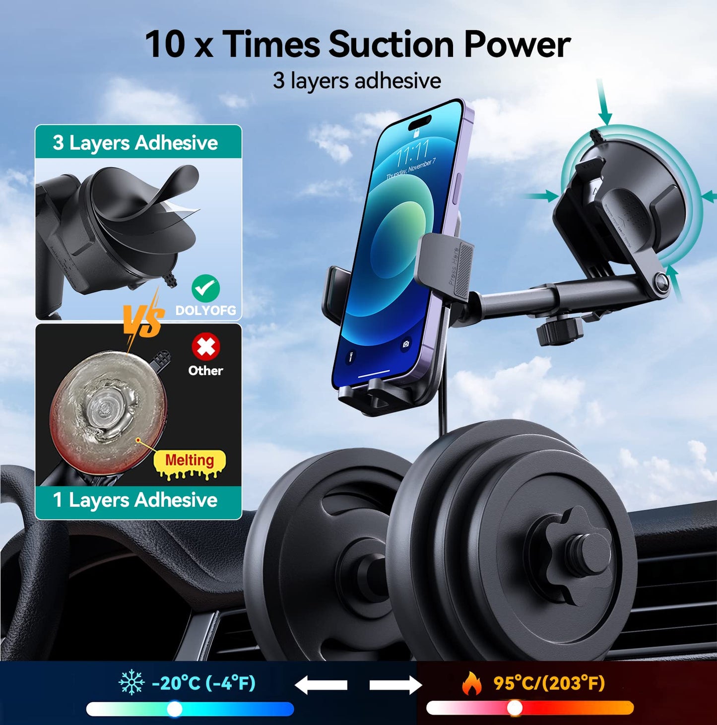 DOLYOFG Car Phone Holder Mount, [Military-Grade Suction & Super Sturdy Base] 3 in 1 Universal Phone Mount for Car Dashboard Windshield Air Vent Hands Free Car Mount for iPhone Android Smartphone