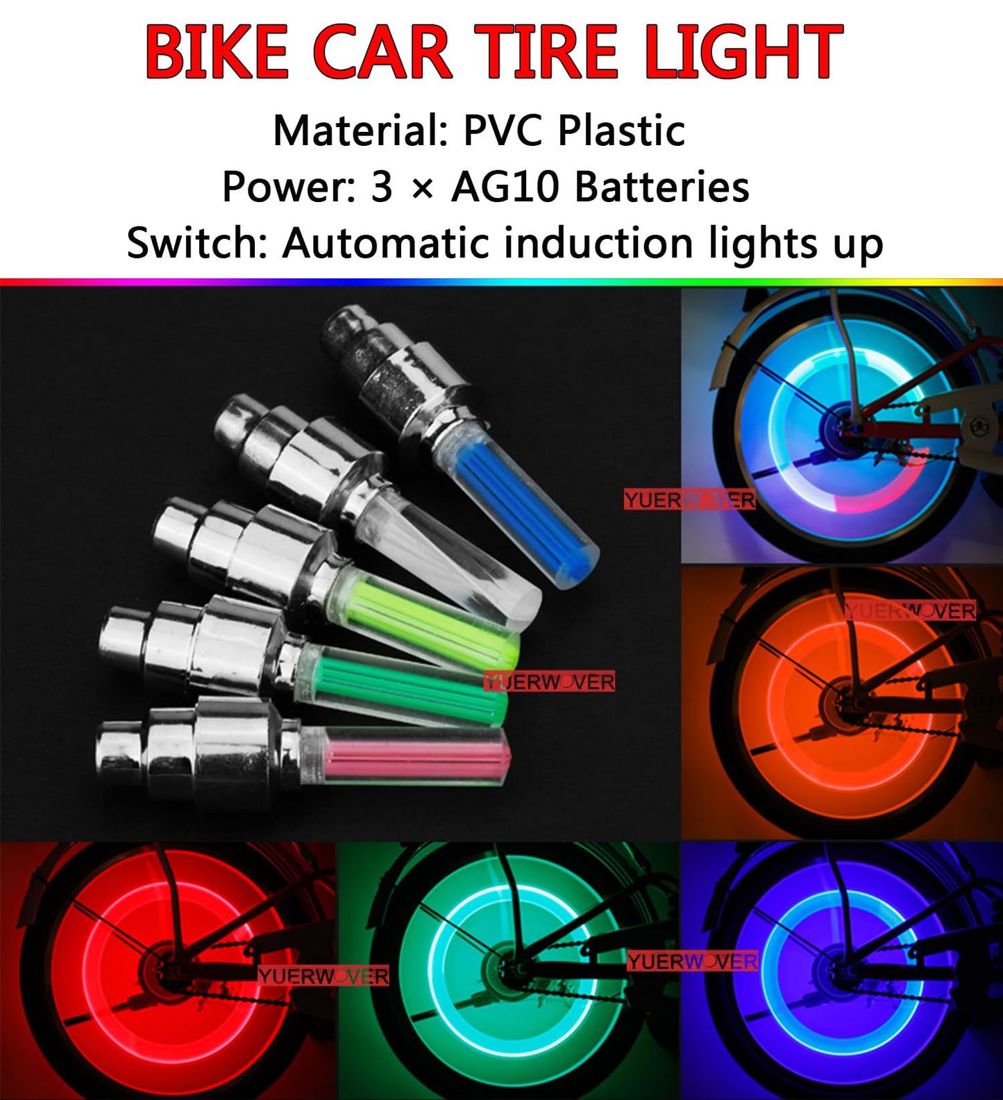 YUERWOVER - Paquete de 4 luces LED para rueda de bicicleta, tapa de válvula de neumático de coche, reflector de luz de flash para neumático de bicicleta, accesorios para niños, hombres y mujeres con 10 baterías adicionales (azul)