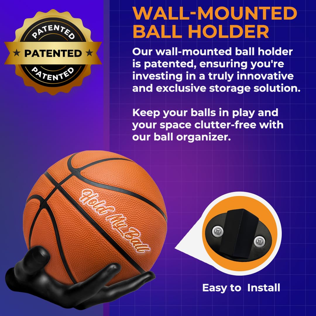 Hold My Ball Wall-Mounted Ball Holder - Stylish Organizer & Space-Saving Rack for Basketball, Soccer, Football, Rugby - Ideal for Man Cave Decor and Sports Enthusiasts - Memorabilia Display - Black