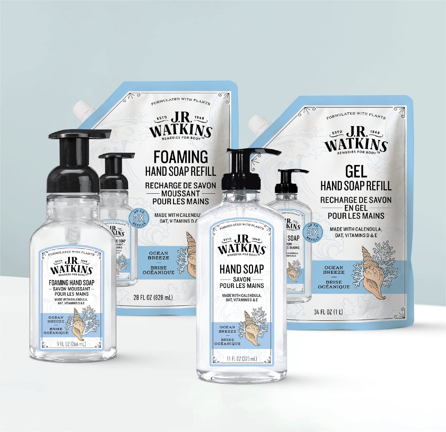 J.R. Watkins Foaming Hand Soap with Pump Dispenser, Moisturizing Foam Hand Wash, All Natural, Alcohol-Free, Cruelty-Free, USA Made, Ocean Breeze, 9 fl oz, 3 Pack