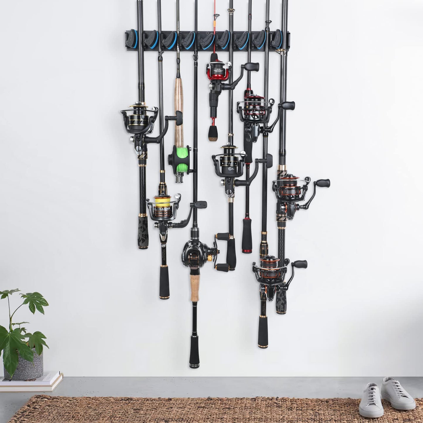 PLUSINNO Vertical Fishing Rod Holder, Wall Mounted Fishing Rod Rack, Fishing Pole Holder Holds Up to 9 Rods or Combos, Fishing Rod Holders for Garage, Fits Most Rods of Diameter 3-19mm