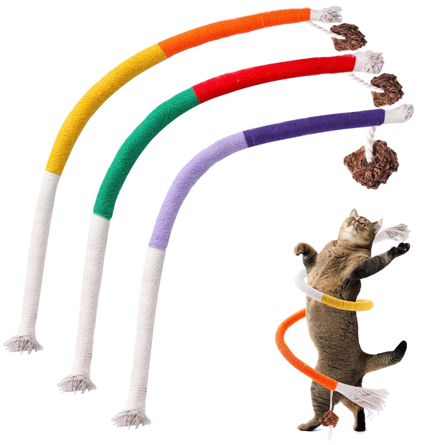 MintCat Jouets pour chat en corde de sisal avec herbe à chat naturelle, 3 pièces, jouet à mâcher pour chat, jouet de nettoyage des dents sûr pour chats d'intérieur, chatons, jouets interactifs pour chat pour toutes les races 27,5 pouces