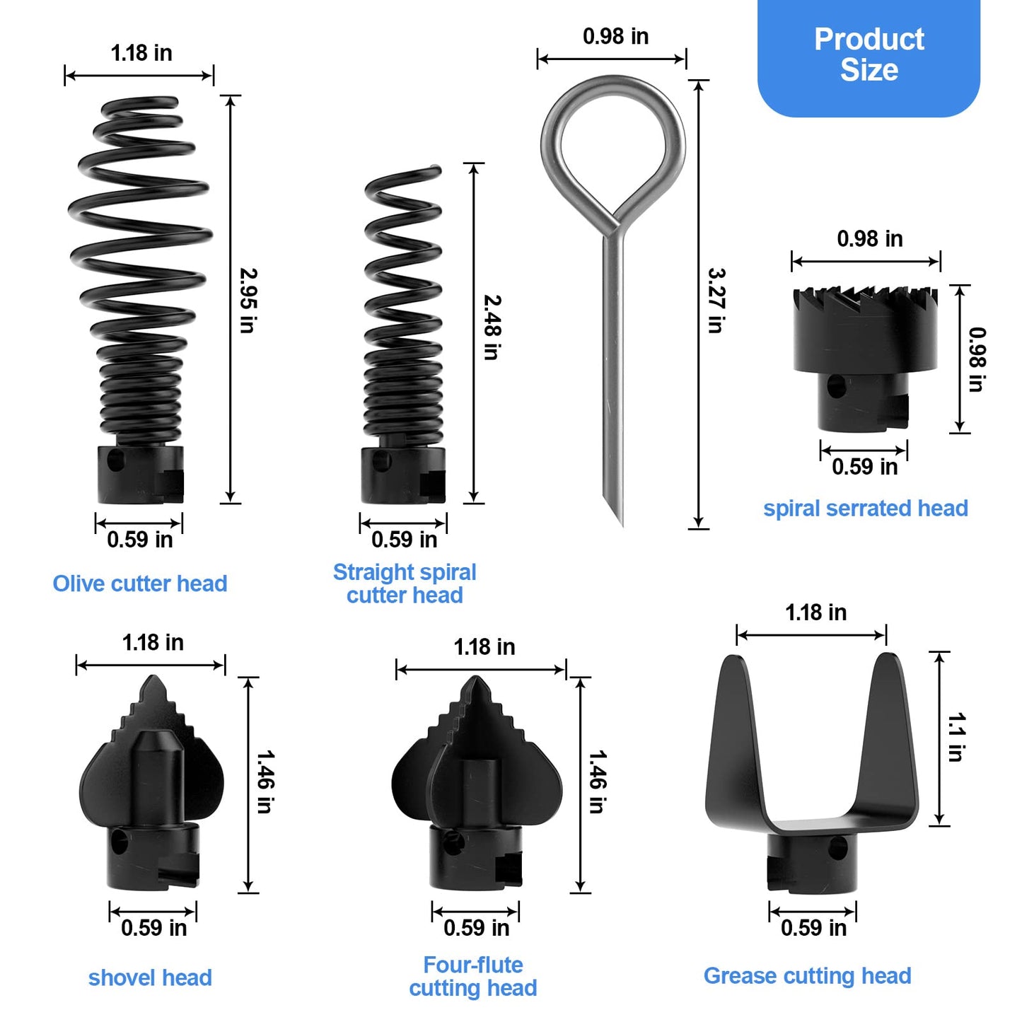 FEITON Lot de 7 têtes de coupe combinées pour nettoyeur de canalisations, ressort en acier au manganèse de 16 mm, verrouillage automatique, accessoires pour machines de nettoyage de canalisations