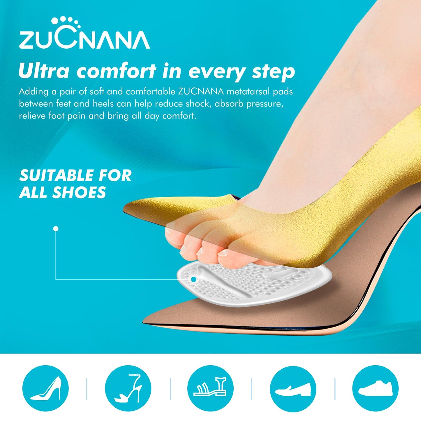 ZUCNANA Ball of Foot Cushions (2 Pairs Gel Shoe Inserts), Heel Inserts for Women, Non Slip Heel Pads, Heel Cushions for Foot Pain Relief and Comfort | One Size Fits Any (Clear)