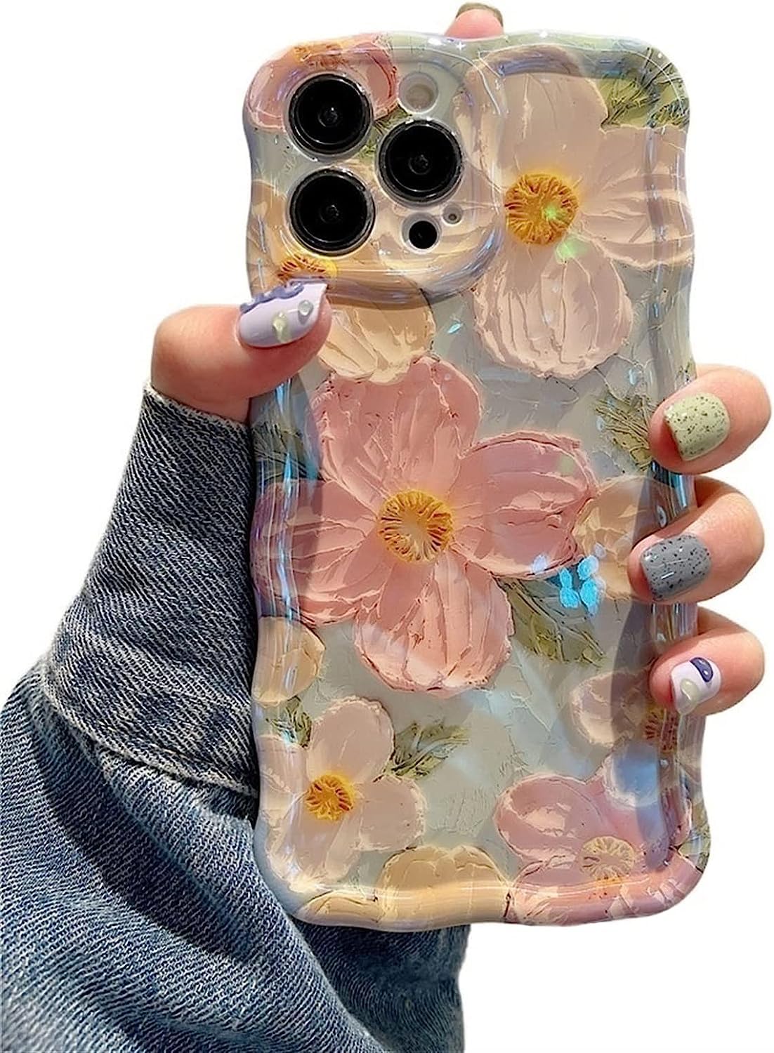 iPhone 13 Pro, Colorful Retro Oil Painting Printed Flower Laser Glossy Pattern Cute Curly Waves Border Exquisite Phone Cover Stylish Durable TPU Protective Case for Girls Women -Green