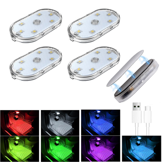 ZWYYTHC 4 Pack 7 Colors Magnetic Car Interior Ambient Lights Wireless, Mini USB C Rechargeable Car Led Lights Interior with 6 Bright Led Lamp Beads Car Sound Control Light for Car Decor