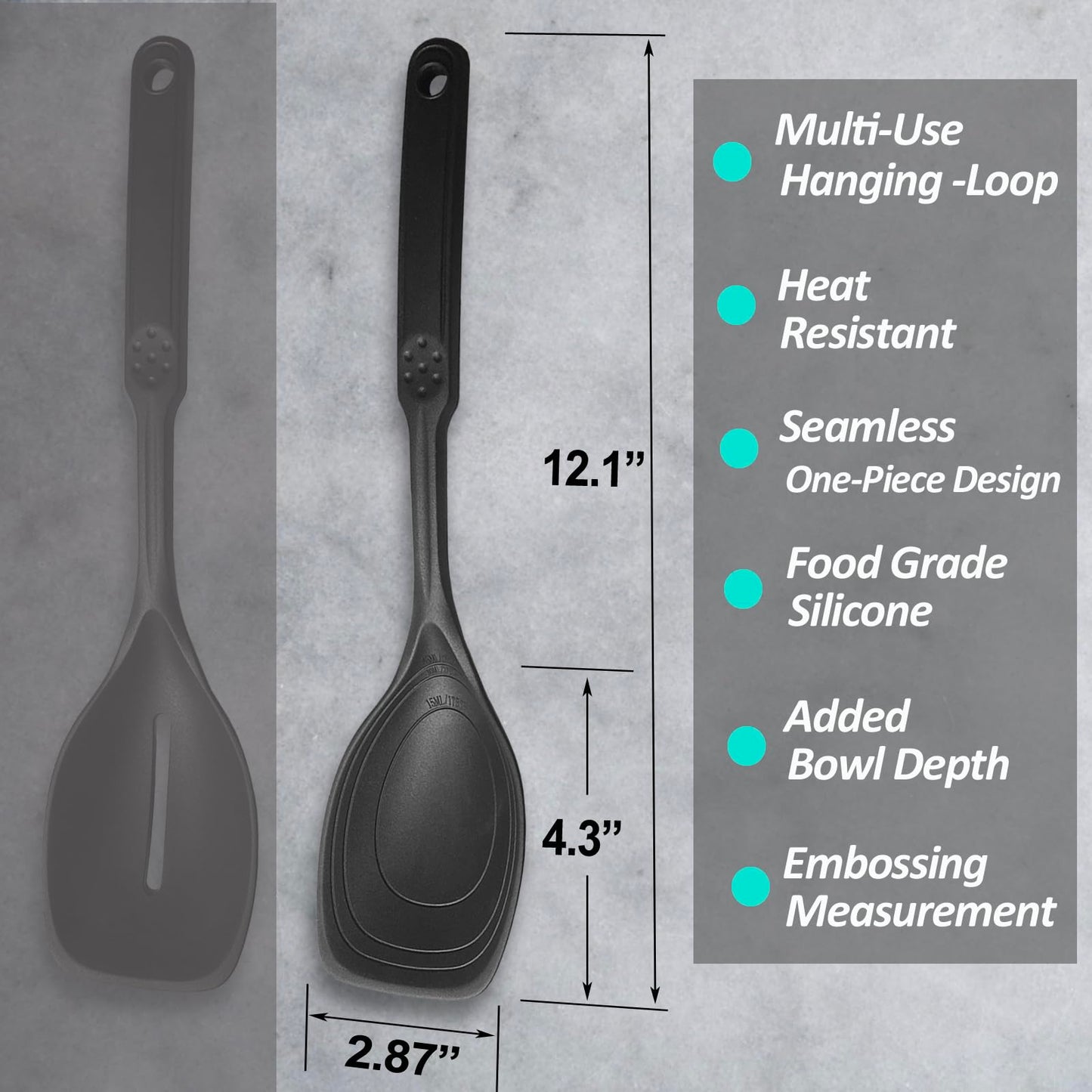 Large Silicone Cooking Spoon, Non-Stick Solid Spoon set with Deep Bolw and Measurement Mark for Mixing, Serving, Draining, Scooping, Scraping, Heat Resistant Kitchen Utensils, Black