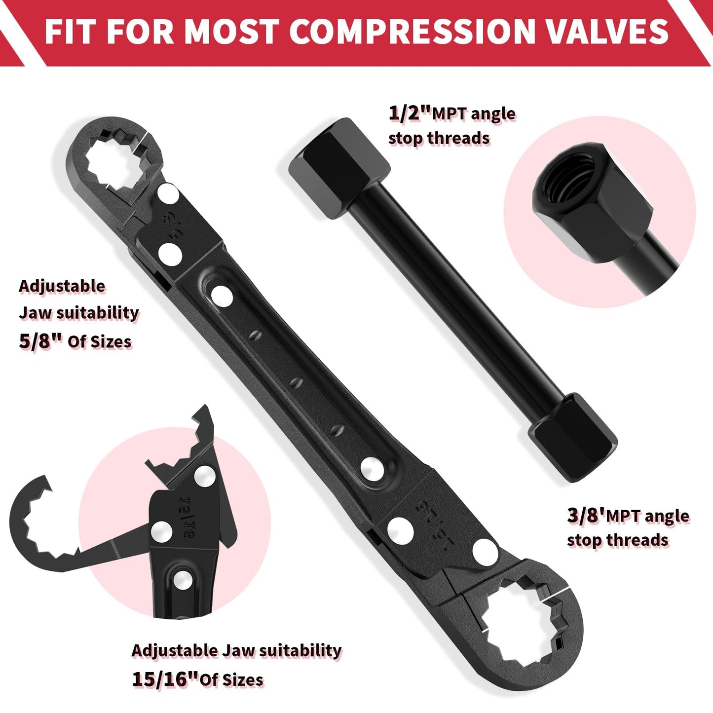 LAISGOO Plumbing Tools, Angle Stop Wrench Angle-On Wrench kit, plumbers wrench Angle Stop Removal Tool for professional plumber Installing New Compression Angle Stop and Removing Compression Ring