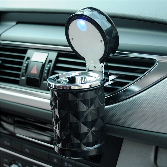 Cendrier de voiture Vurtne portable avec lumière LED bleue, cendrier sans fumée, support cylindrique pour fumeurs, porte-gobelet (noir)