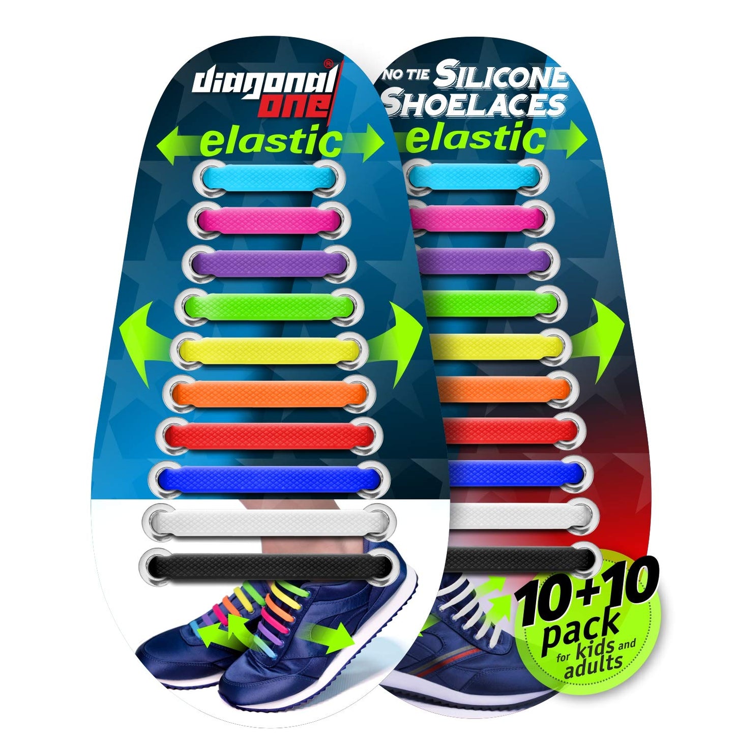 DIAGONAL ONE Multicolor Elastic No Tie Shoe Laces for Adults Sneakers & Kids Sneakers fits Mens, Womens, Unisex Rubber Shoes Tieless Shoelaces for Easy Slip On Sneakers Set of Shoe Laces for Sneakers