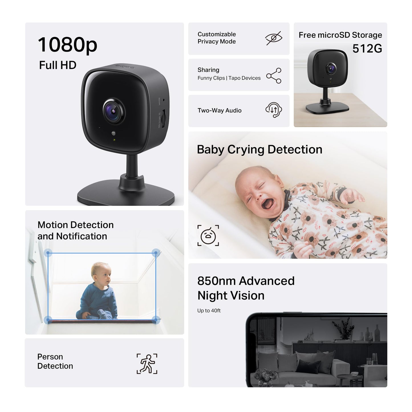 Tapo by TP-Link 1080P Indoor Security Camera for Baby Monitor, Pet Camera w/Motion Detection, 2-Way Audio, Night Vision, Cloud & SD Card Storage, Works w/Alexa & Google Home, Black, C101