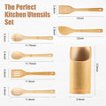 Bamboo Wooden Spoons for Cooking 7 Piece - Bamboo Cooking Utensils Set with Holder Wooden Spoons Spatula for Cooking Nonstick Wood Kitchen Utensil Set (7 Pcs)