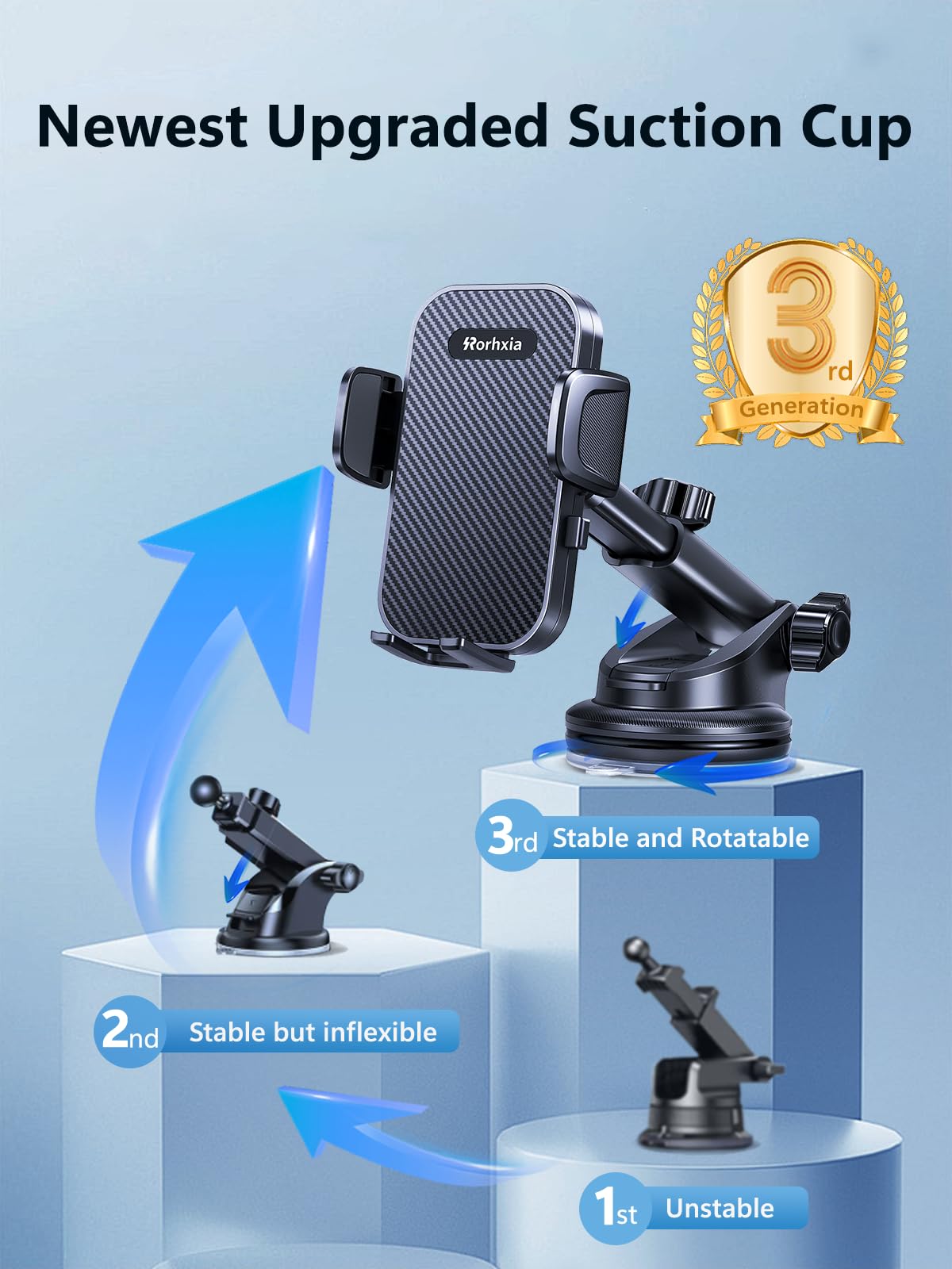 Rorhxia [Military-Grade] 3-in-1 Phone Holders for Your Car, [2024 Most Stable and Flexible Suction Cup] Vent Dashboard Windshield Cell Phone Mount Car Fit for All Phones, iPhone, Samsung