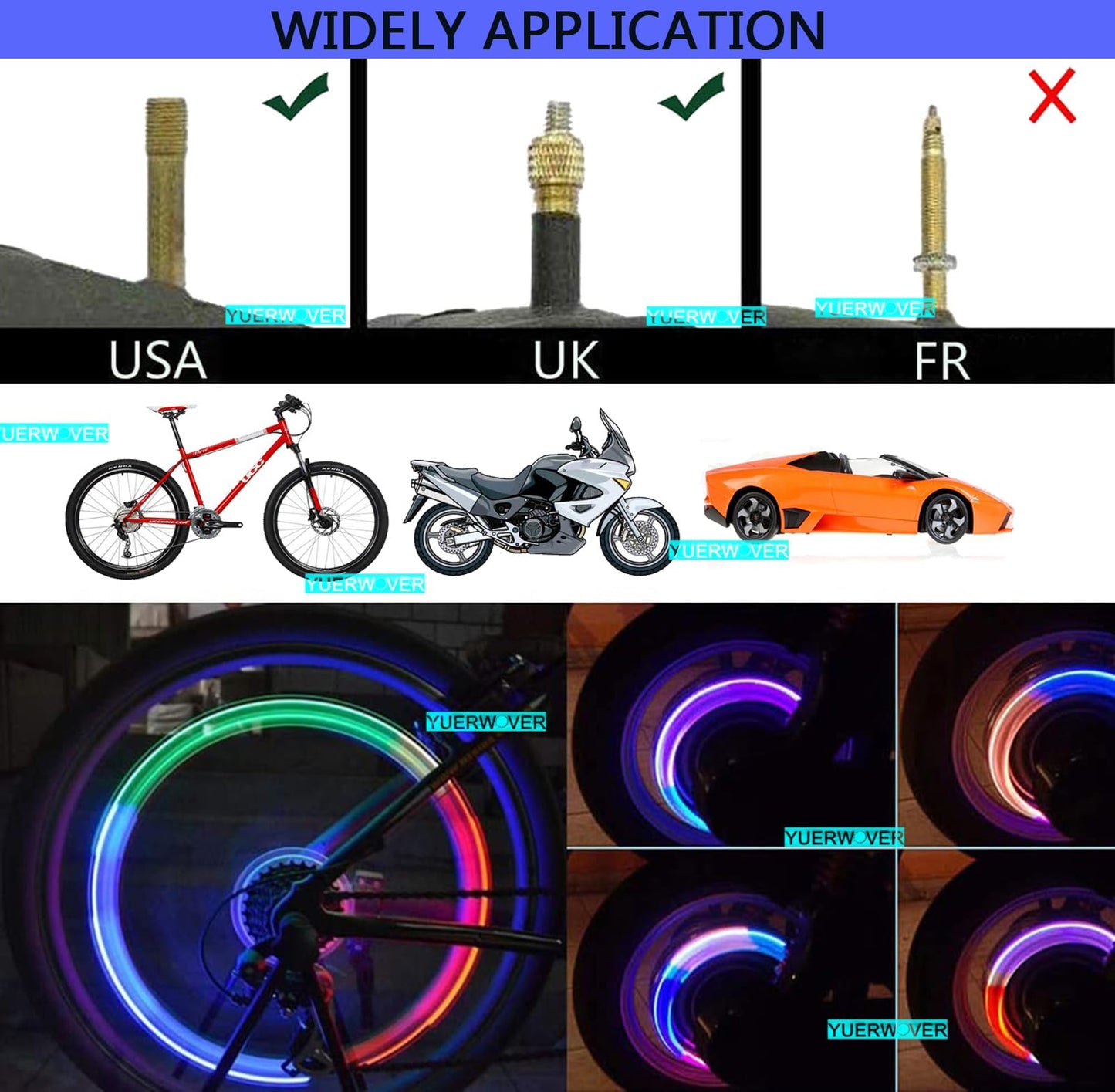 YUERWOVER 8 Pack LED Bike Wheel Lights Car Tire Valve Stems Caps Bicycle Motorcycle Waterproof Tyre Spoke Flash Lights Cool Reflector Accessories for Kids Men Women with 10 Extra Batteries(Multicolr)