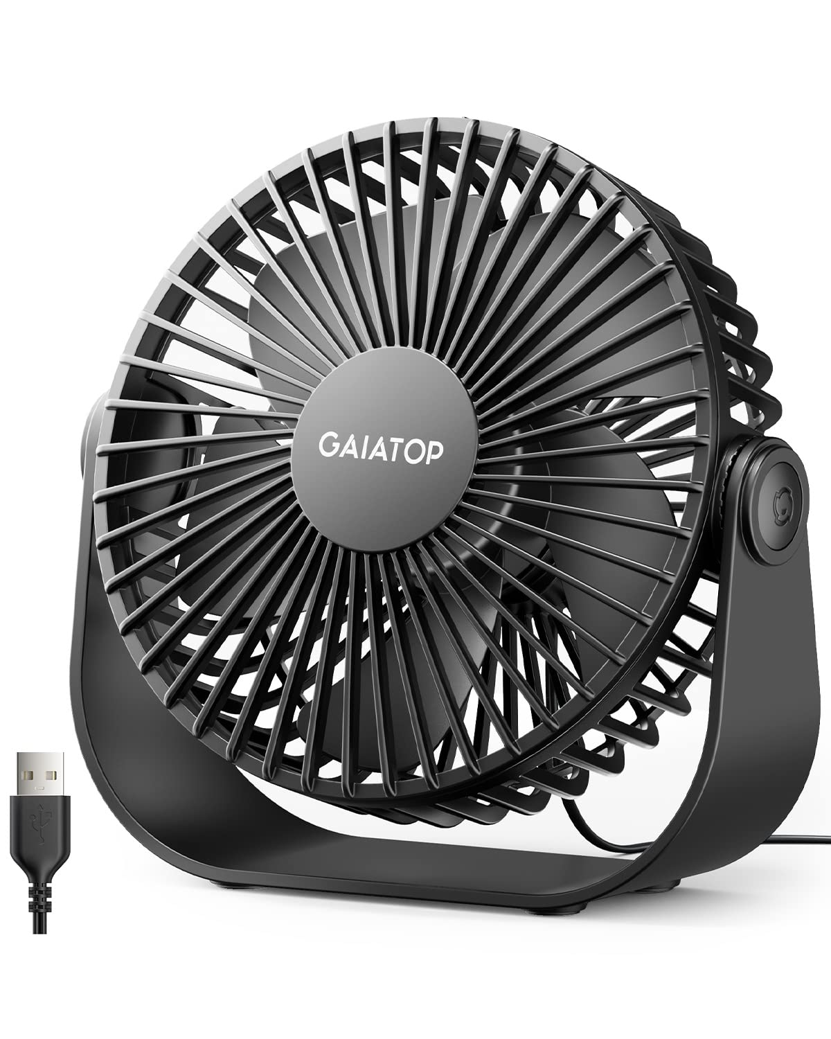 Gaiatop USB Desk Fan, 3 Speeds Strong Airflow, 5.5 Inch Portable 90° Rotate Quiet Cooling, Small Personal Table Fans for Bedroom Home Office Travel Black