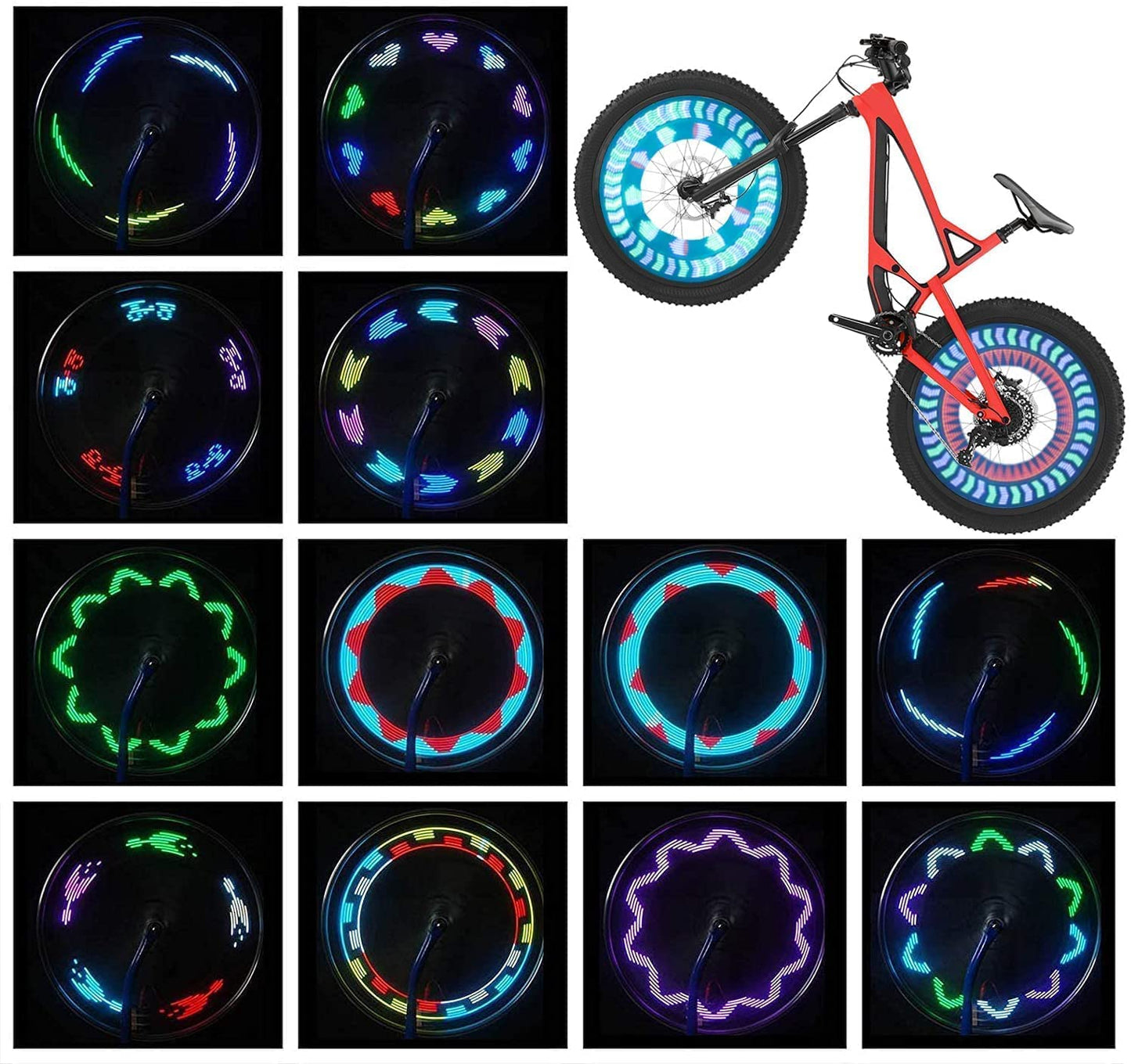 Feux de roue de vélo (lot de 2) – Feux de rayons de vélo à LED étanches – Feux de sécurité pour pneus – Excellent cadeau pour enfants et adultes – 30 motifs différents – Accessoires de vélo – Noir